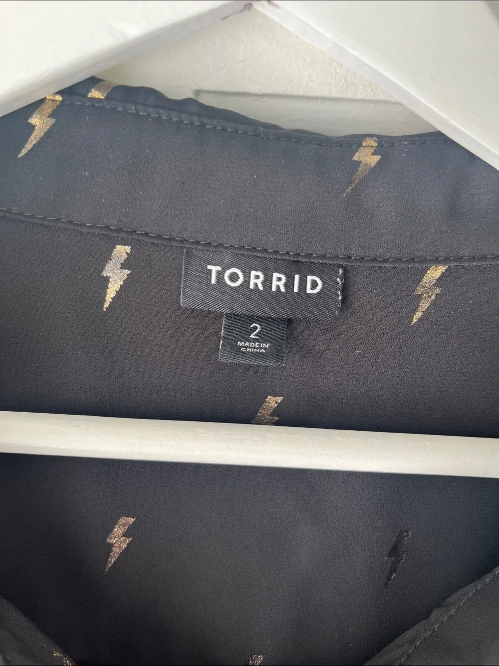 Torrid Black Long Sleeve Blouse with Gold Lightning Bolt Metallic Print